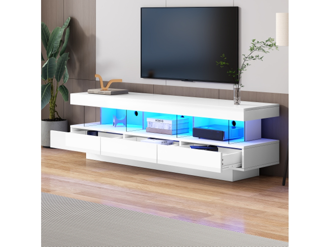 Armário de TV BTFORUS Branco Brilhante (160x38x50,5 cm), 3 Nichos de Vidro, LED, App/Bluetooth, Suporta TV 70"