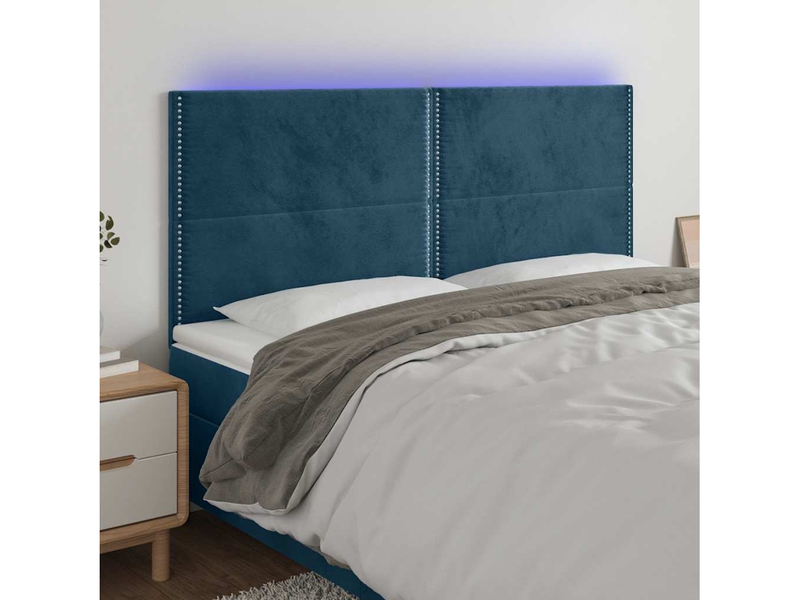Vidaxl Cabeceira Cama C/ Luzes Led Veludo 200x5x118/128cm Azul-escuro