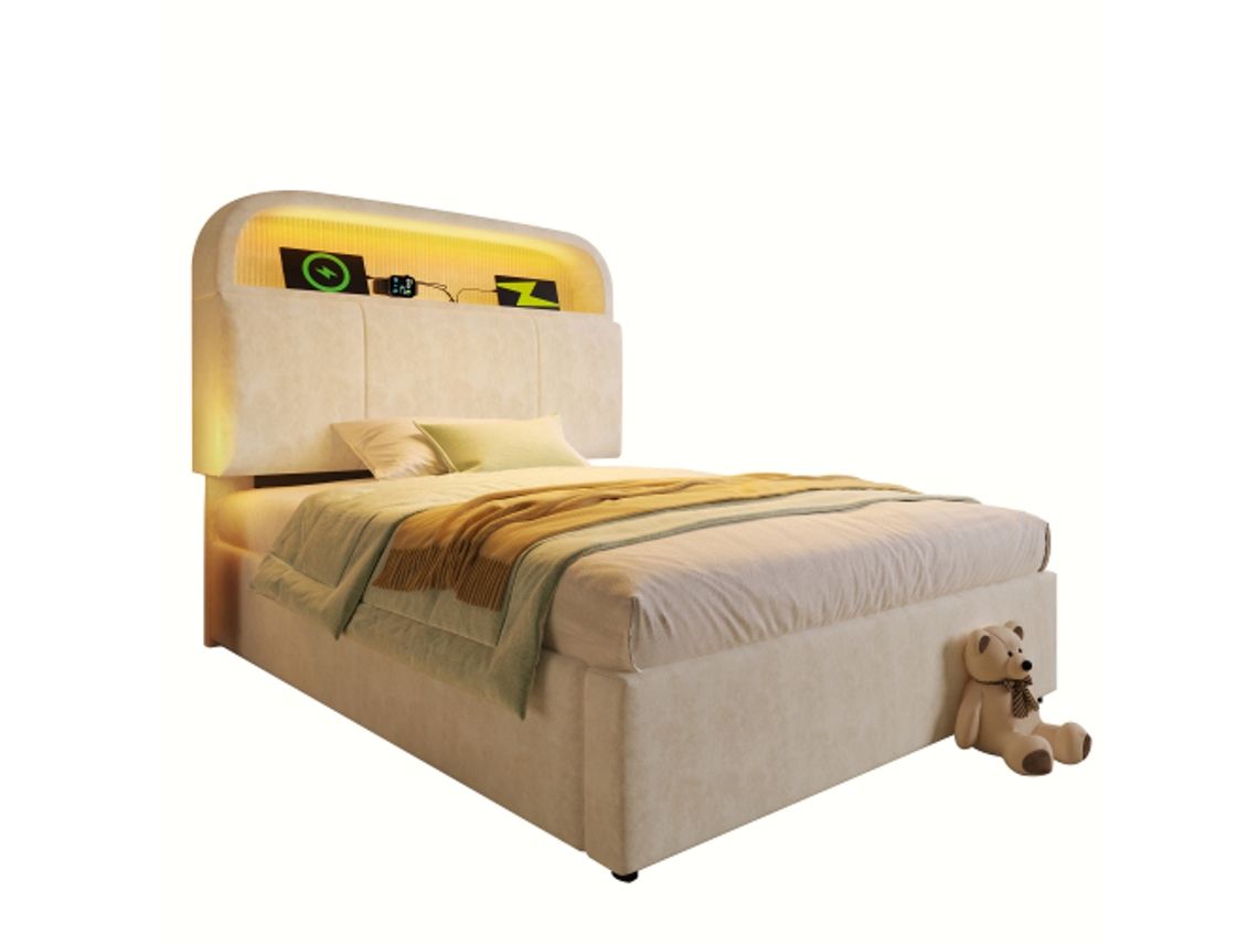Cama Solteiro Estofada 90x200cm com Cabeceira Regulável, Espaço de Armazenamento, Hidráulica, Led, com Colchão DELCOND
