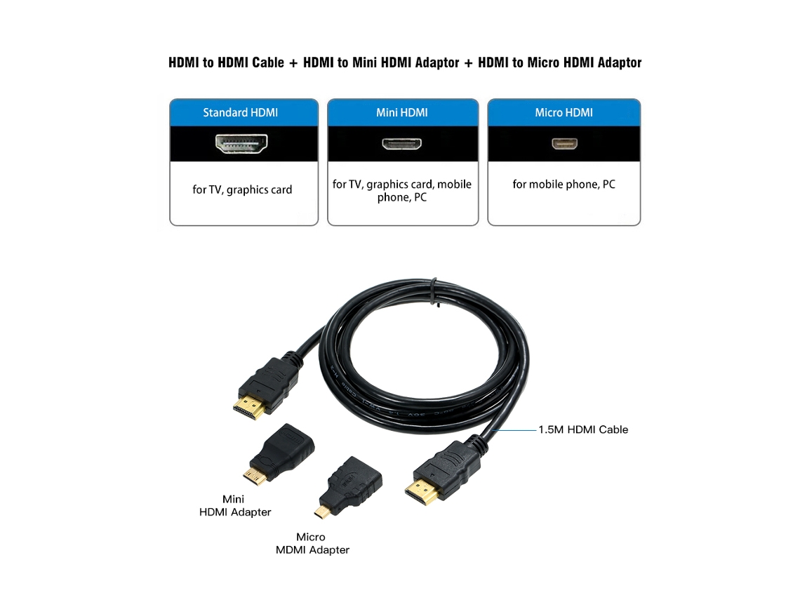 Cabo Hdmi 3 Em 1 De 1,5m Com Hdmi Macho Para Macho, Adaptador E Adaptador Mini Hdmi
