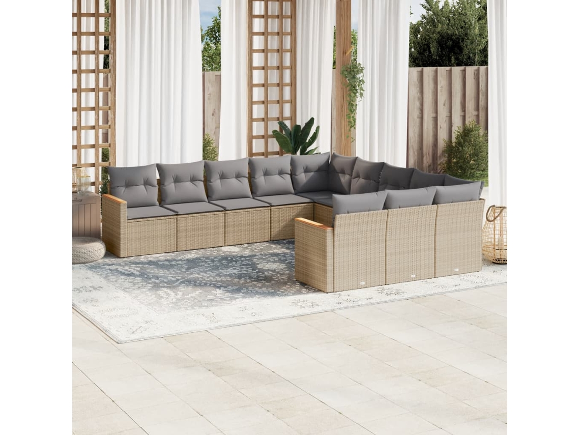 Vidaxl 11 Pcs Conj. Sofás Jardim C/ Almofadões Vime Pe Bege Misturado