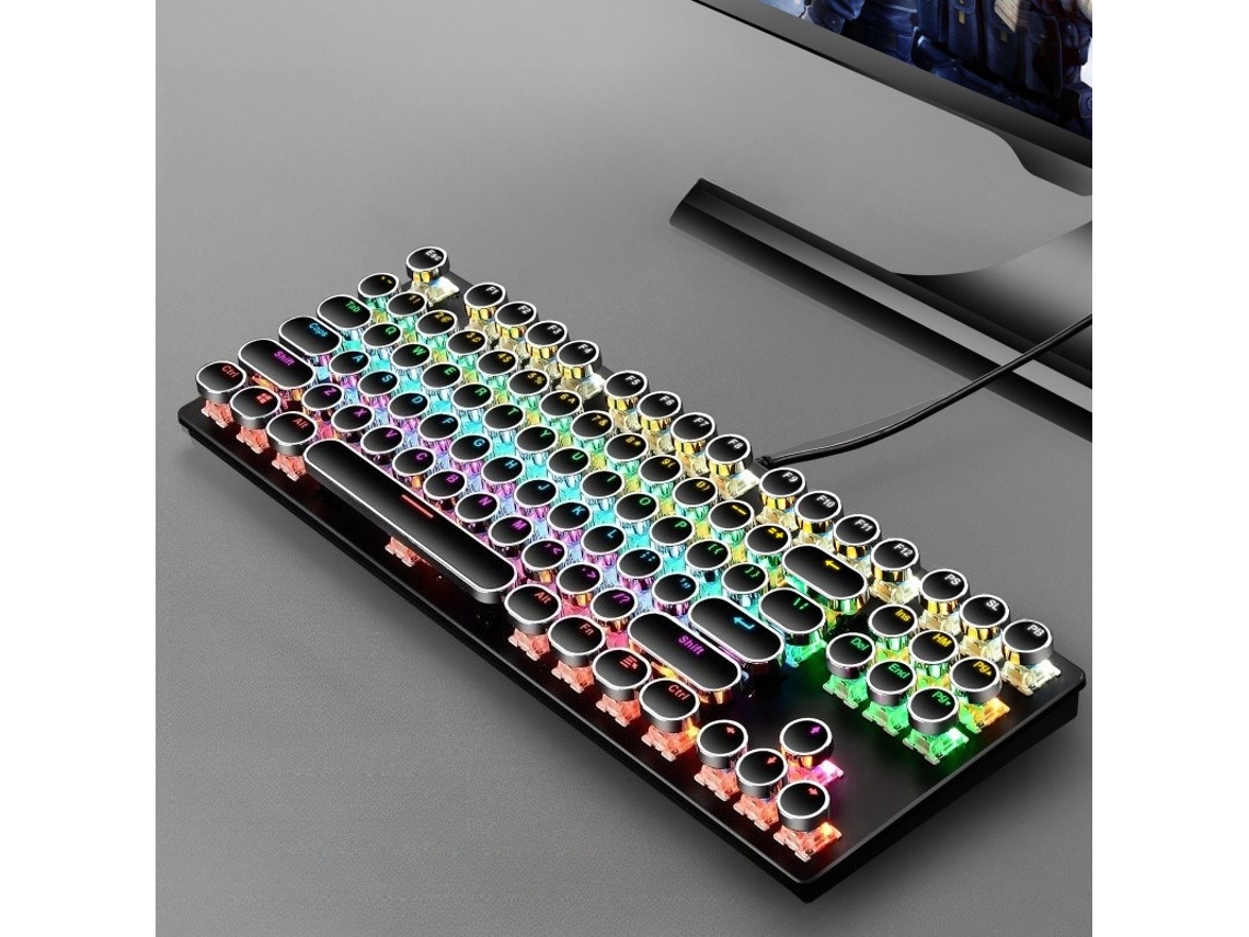 Teclado Mecânico Para Jogos, Estilo Máquina De Escrever Retro Punk Com 87 Teclas, Switches Azuis, Retroiluminação Arco-íris Preto Hexinyigjly