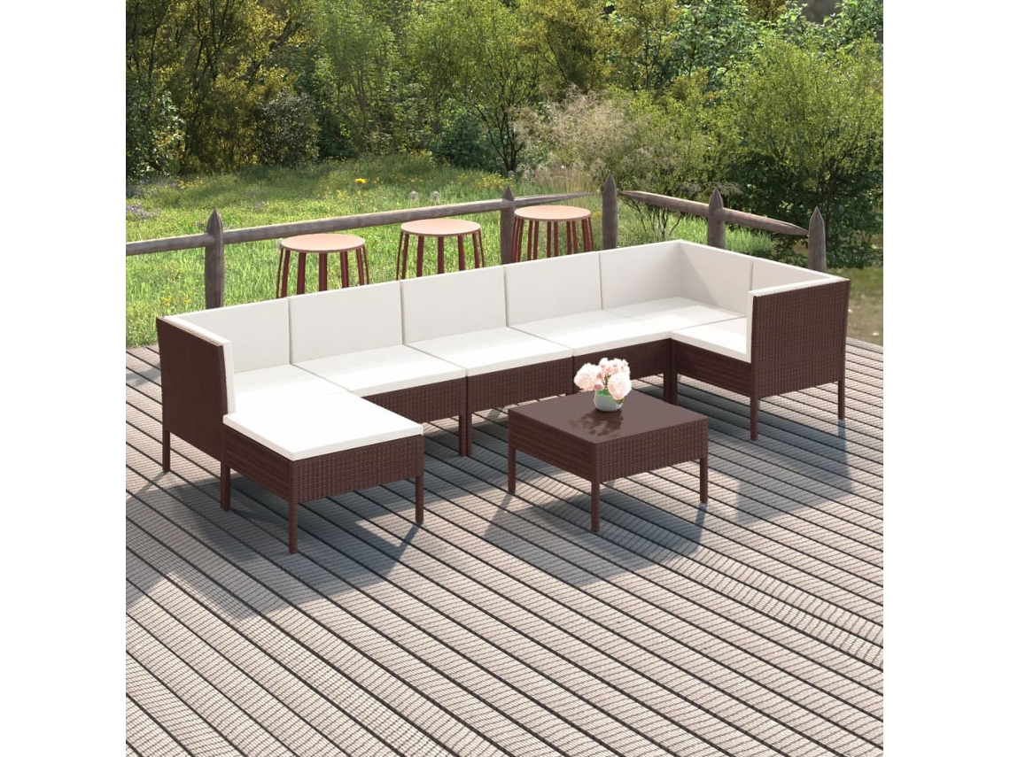 Vidaxl 8 Pcs Conjunto Lounge Jardim C/ Almofadões Vime Pe Castanho