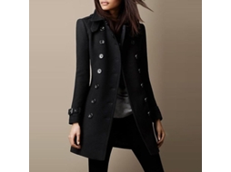 Jaqueta de Lã Extra Longa Slim com Gola Mandarim, Fecho Duplo para Mulheres Office Winter Ages 18 35 Preto
