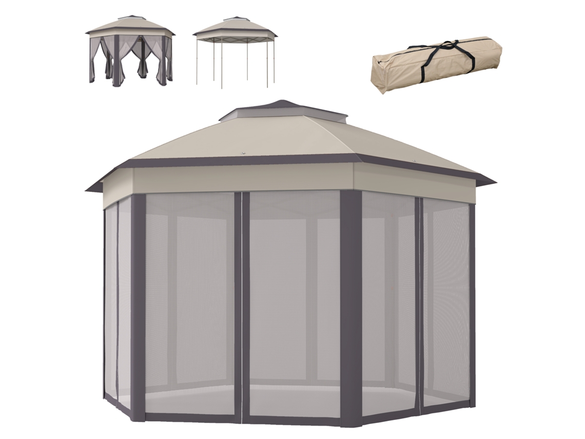 Tenda Dobrável Hexagonal 4x3,4m, Duplo Teto, 6 Mosquiteiras, Saco Transporte, Castanho/bege | S/MARCA
