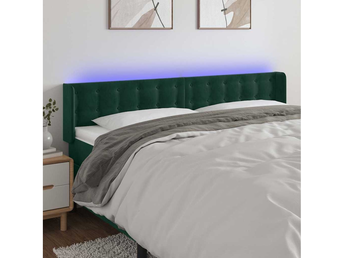 Vidaxl Cabeceira Cama C/ Luzes Led Veludo 183x16x78/88 Cm Verde-escuro