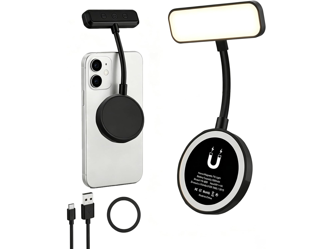Luz De Selfie Magnética De 500mah Com 5 Níveis De Brilho E Braço Flexível De 360° (preta)