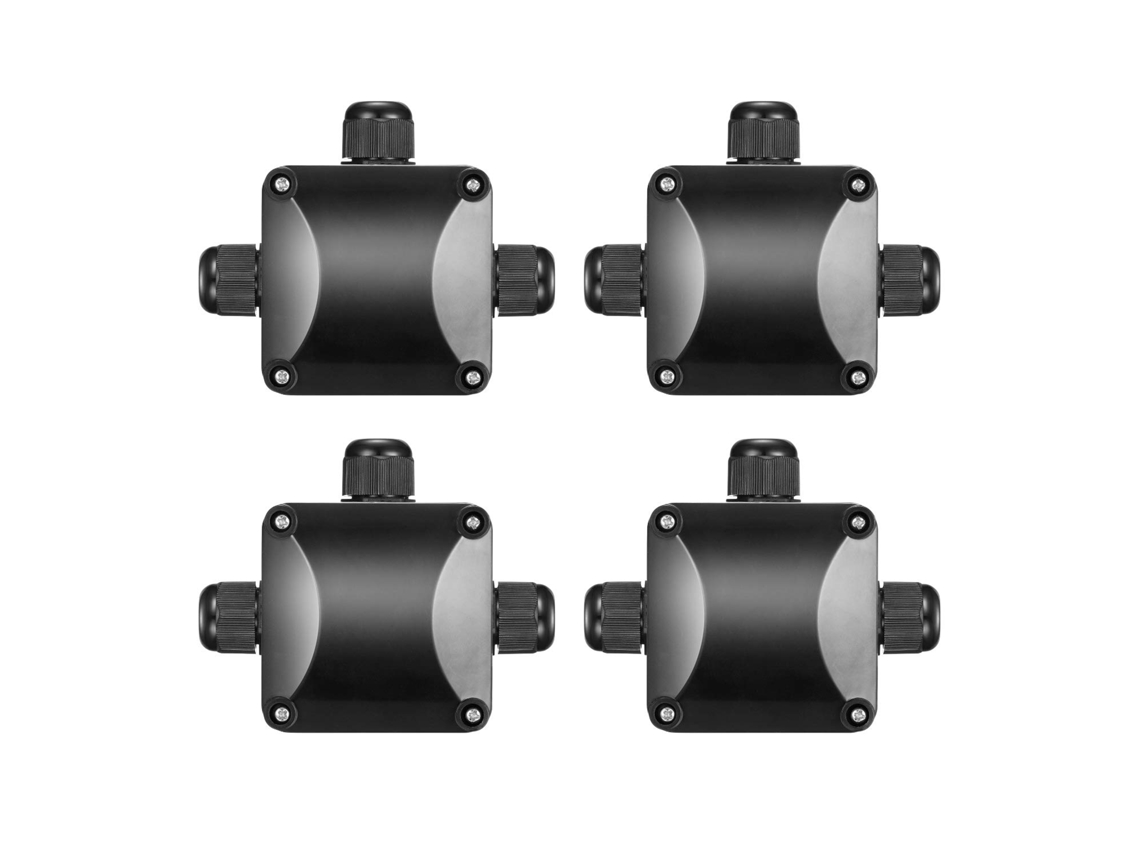 Conjunto De 4 Caixas Junção À Prova D'água, Pretas, Ip68, Com Conectores De Cabo 3 Vias, Para Cabos De Iluminação Externa Ø6, 5 Mm A 10, 5 Mm