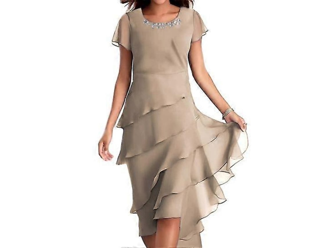 2026 vestido Elegante de Mujer Cuello Redondo Con Perlas Mangas Cortas Falda Capa Midi para Fiesta Boda