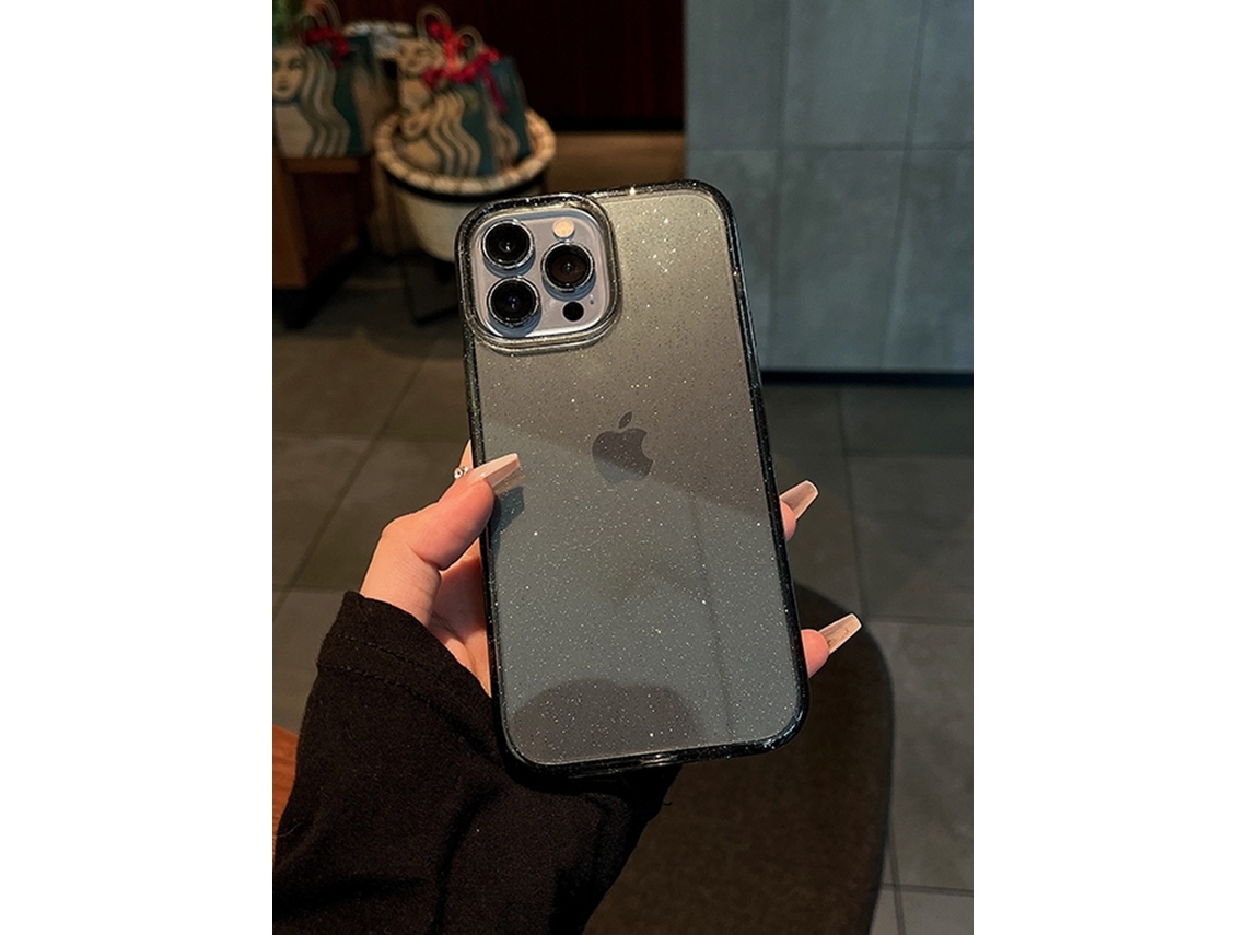 Capa Para Iphone 17 Preta Transparente Com Glitter, Simples E Completa.