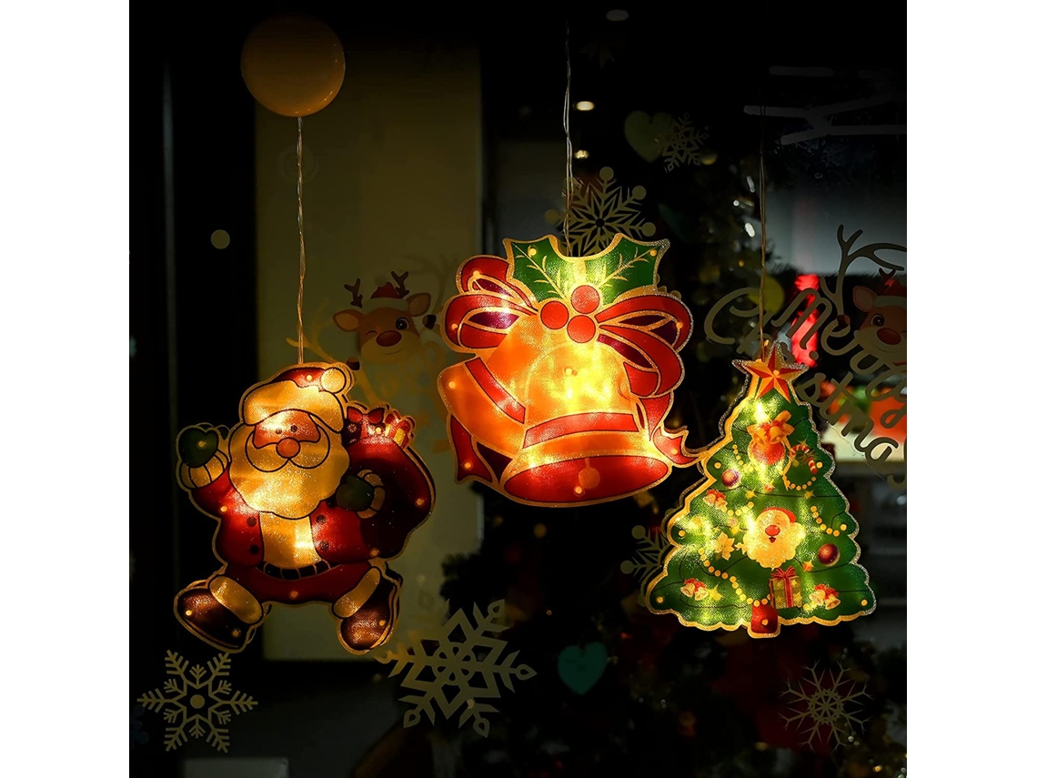 3 Peças de Luz de Janela Pendurada de Led de Natal com Ventosa Sinos de Árvore de Natal Operados Por Bateria Estrelas Luzes de Natal