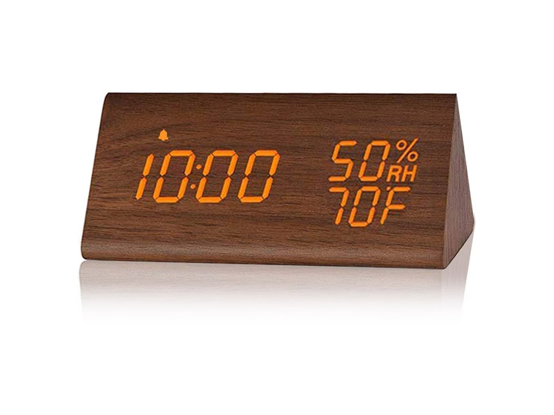 Relógio Despertador Digital Com Comando De Voz, Temperatura, Humidade E Visor Led Em Madeira - Laxiscreed