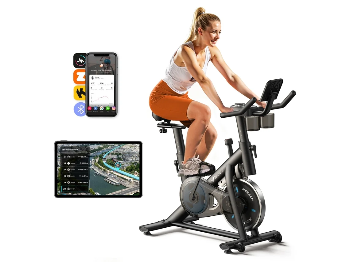 Bicicleta Estática MERACH, Bluetooth/APP, Monitor LED, Volante 6kg, Porta-copos Duplo, Ergonomia Premium, Suporte Tablet (Tablet Não Incluído)