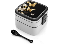 Lancheira Bento Empilhável Com Estampa De Borboletas Douradas E Brancas, Com Tampas, Isolada E À Prova De Vazamentos