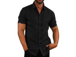 Camisa Casual Masculina De Algodão E Linho, Manga Curta, Listrada, Para Verão/primavera, Botão Capuz, Gola Lapela Preto