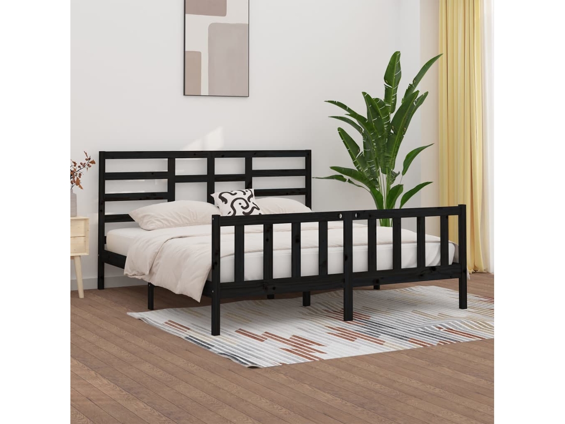 Estrutura De Cama 200x200 Cm Madeira De Pinho Maciça Preto
