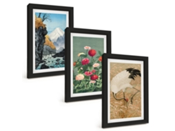 Composição De Quadros Paisagem De Montanha, Rio, Flores E Garças Moldura Preta Imagens Para Um Quarto Infantil Espelharte (3 Peças 20x30 Cm)