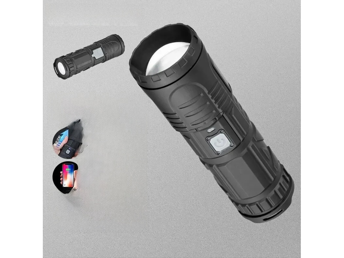 Lanterna Led Recarregável Via Usb Com Zoom Telescópico E Laser Potente, Design À Prova D'água, Feita De Material Abs.