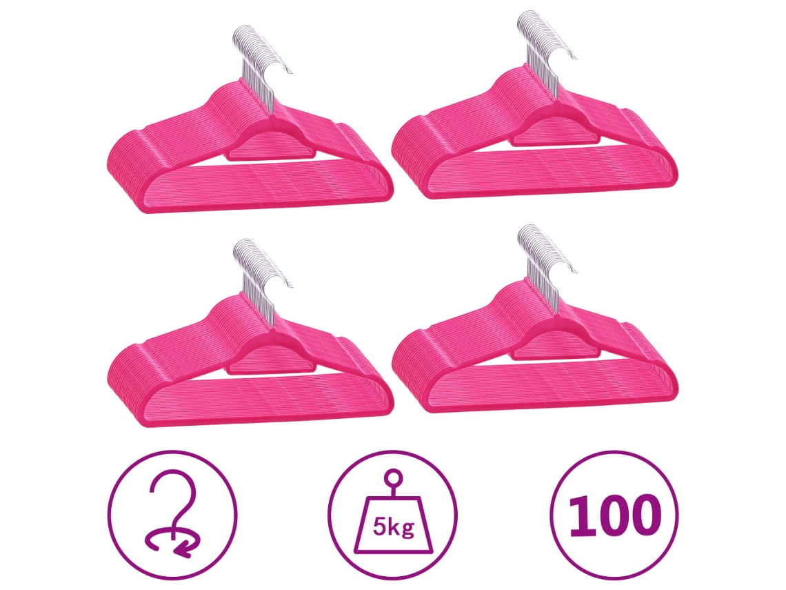 Vidaxl 100 Pcs Conjunto De Cabides Antiderrapantes Veludo Rosa