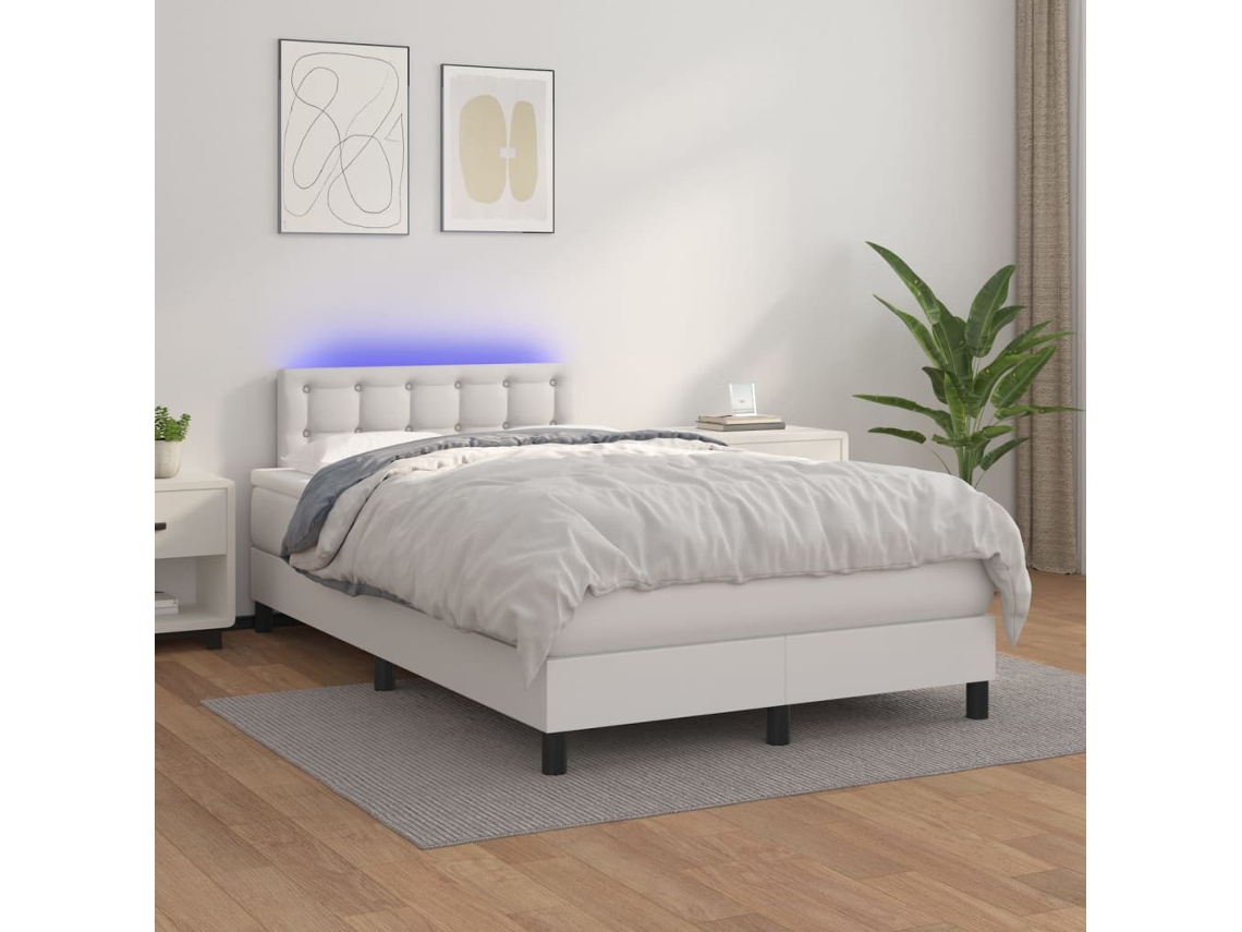 Vidaxl Cama Box Spring C/colchão/led 120x200cm Couro Artificial Branco
