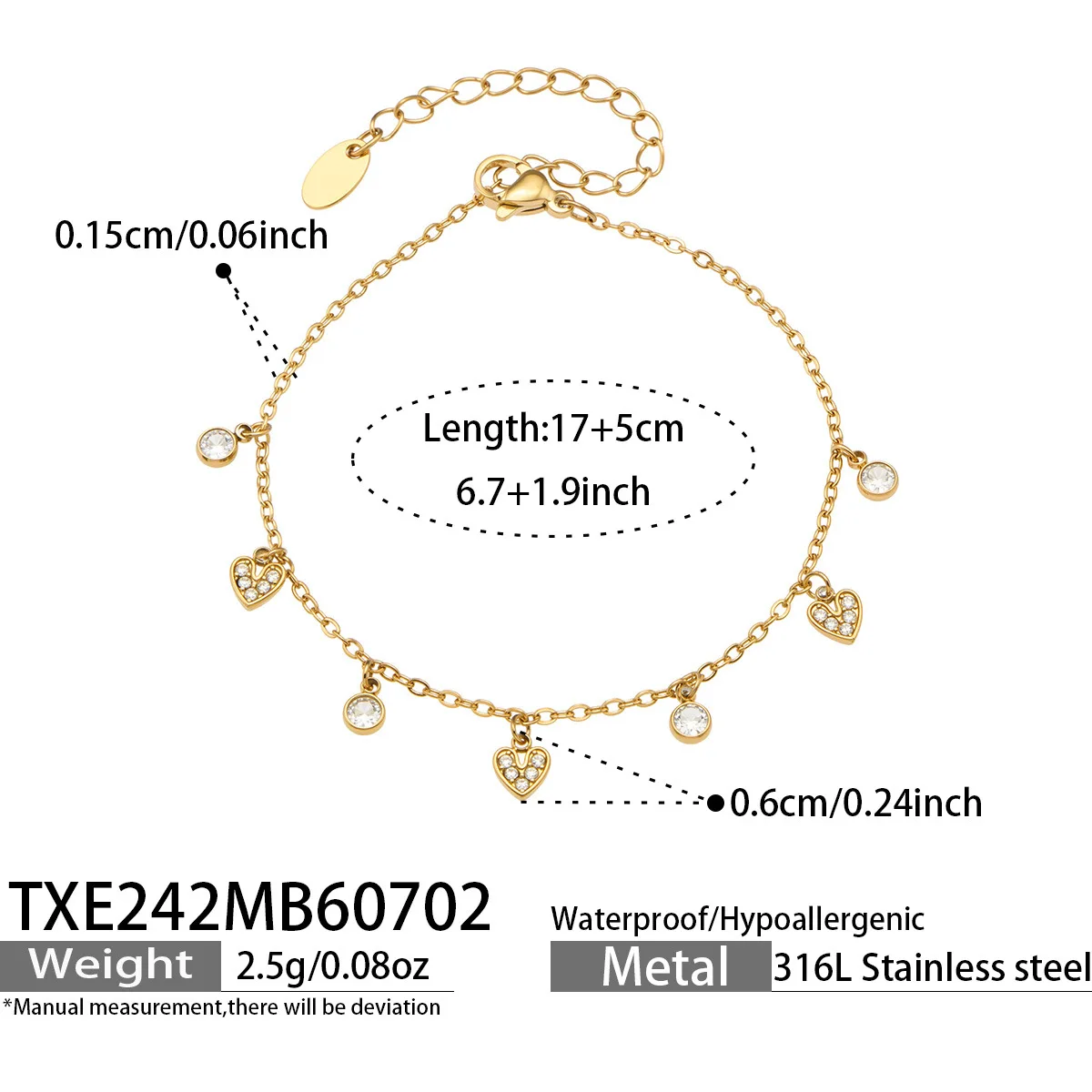 (pulseira) Conjunto De Joias Folheadas A Ouro Com Colar E Pulseira Em Formato De Coração E Zircônias Quadradas.