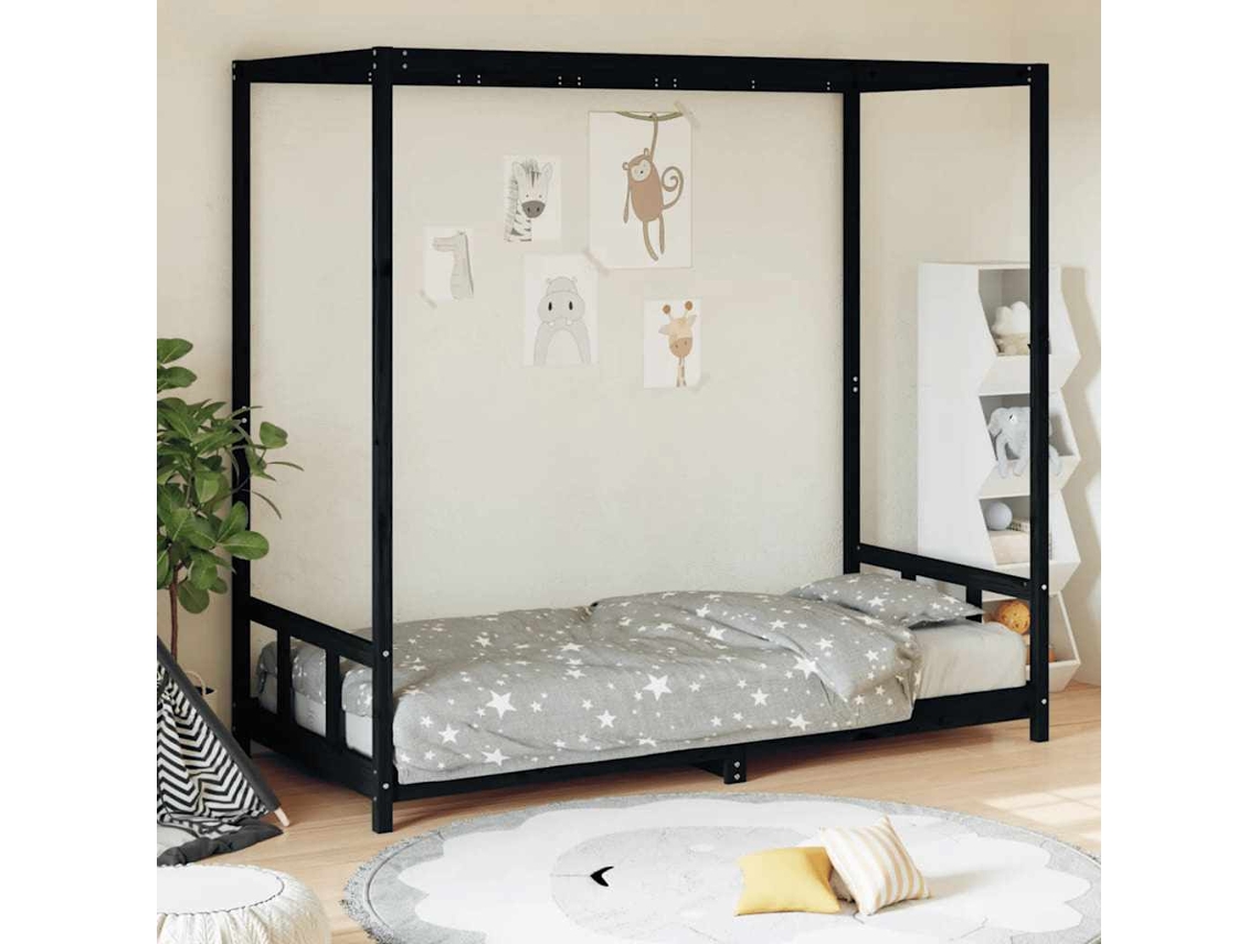 Vidaxl Estrutura De Cama Infantil 90x200 Cm Pinho Maciço Preto