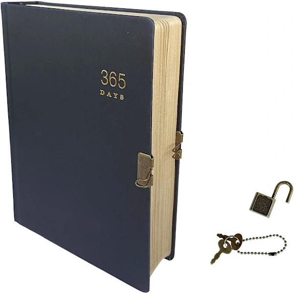 Agenda vintage 365 con candado y llave, tamaño A5, páginas en blanco, tapa dura negra, para mujeres y hombres adultos - aquaforge