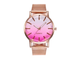 Relógio Feminino de Quartzo com Pulseira de Malha Liga Esfera Redonda Rosa