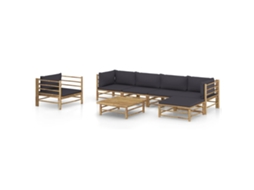 7 unidades Conj. Lounge Jardim Em Bambu C/ Almofadões Cinza Escuro Dkd Home Decor