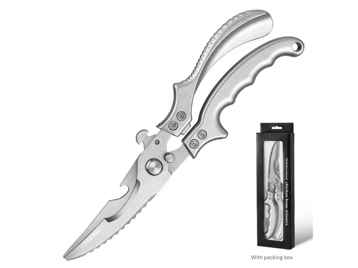Tesoura de cozinha grande curva de aço inoxidável Slowmoose para cortar ossos de frango, abridor multiferramenta