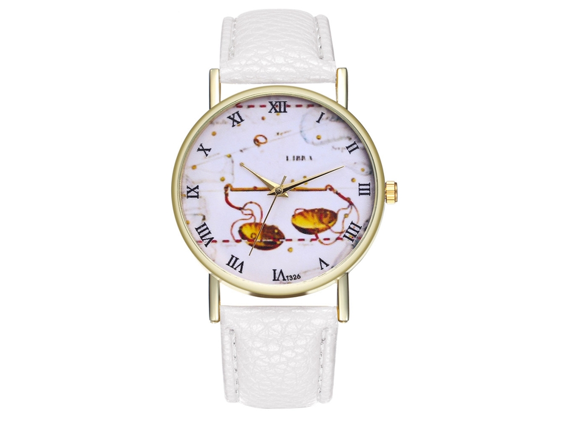Reloj De Pulsera Unisex De Cuarzo Con Correa De Cuero Pu Patrón Libra Zhoulianfa Blanco