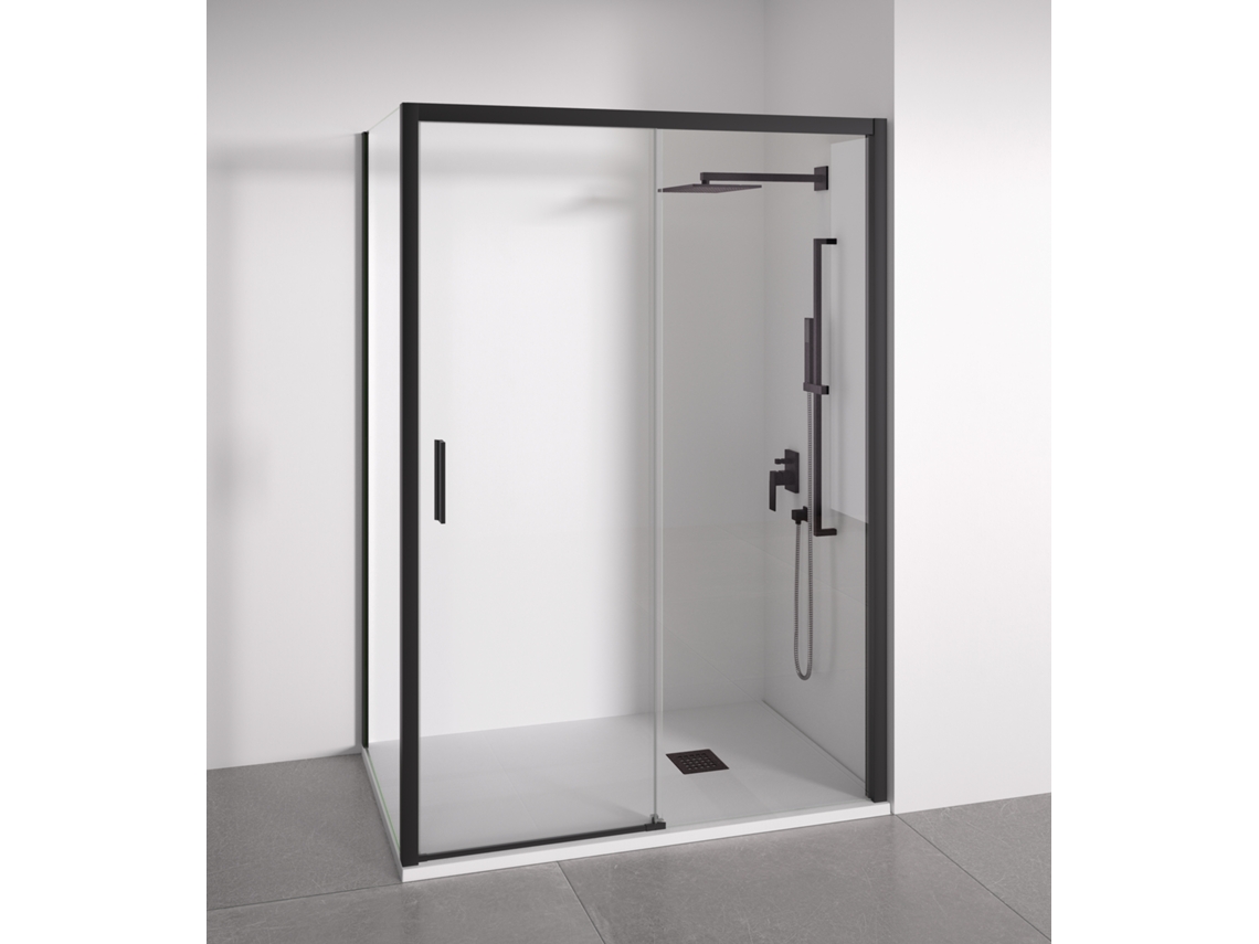BELLOBATH Paroi de duche angular 1 deslizante + 2 fixos Vidro anticalcário 6mm Preto Largura adaptável 145-150 x 77-80 cm Porta esquerda