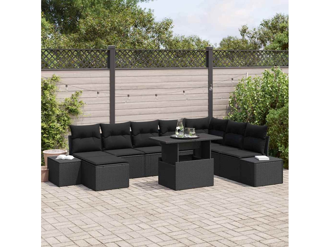 Vidaxl Conjunto De Sofá De Jardim Com Almofada 9 Pcs Preto Vime Pe
