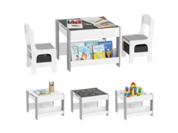 Conjunto Infantil De Mesa E 2 Cadeiras Com Tampo De Lousa Reversível, Cesto De Arrumação E Prateleiras.