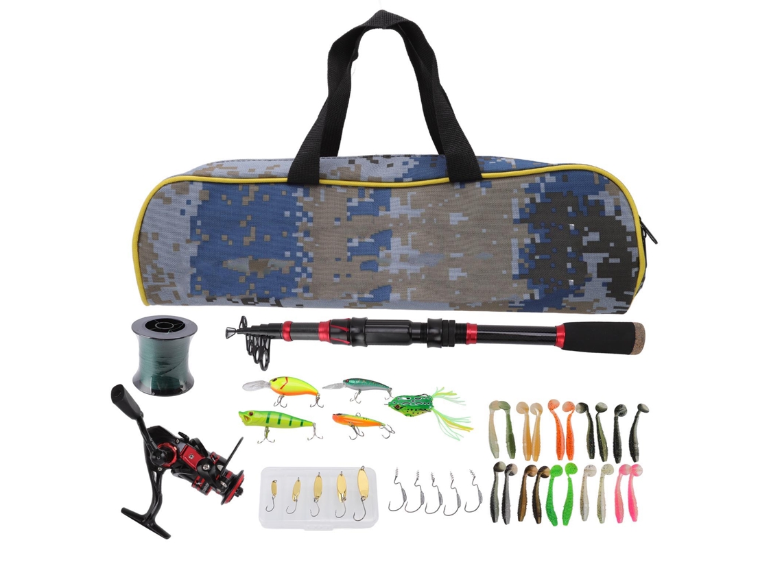 Kit Completo De Vara De Pesca Carbono Telescópica 2.1m Com Molinete Linha Iscas E Bolsa Portátil