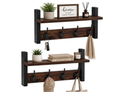 Conjunto Com 2 Cabideiros De Parede Com Prateleira, Mdf Marrom E Ganchos De Ferro