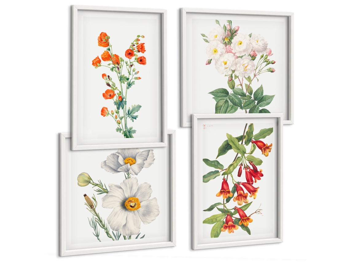 Quadros Decorativos Para Parede Composições Florais Retrô Moldura Branca Quadros Para O Escritório Espelharte (conjunto De 4 Imagens)