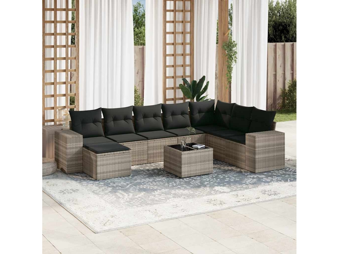 Vidaxl 9 Pcs Conj. Sofás Jardim Com Almofadões Vime Pe Cinzento-claro