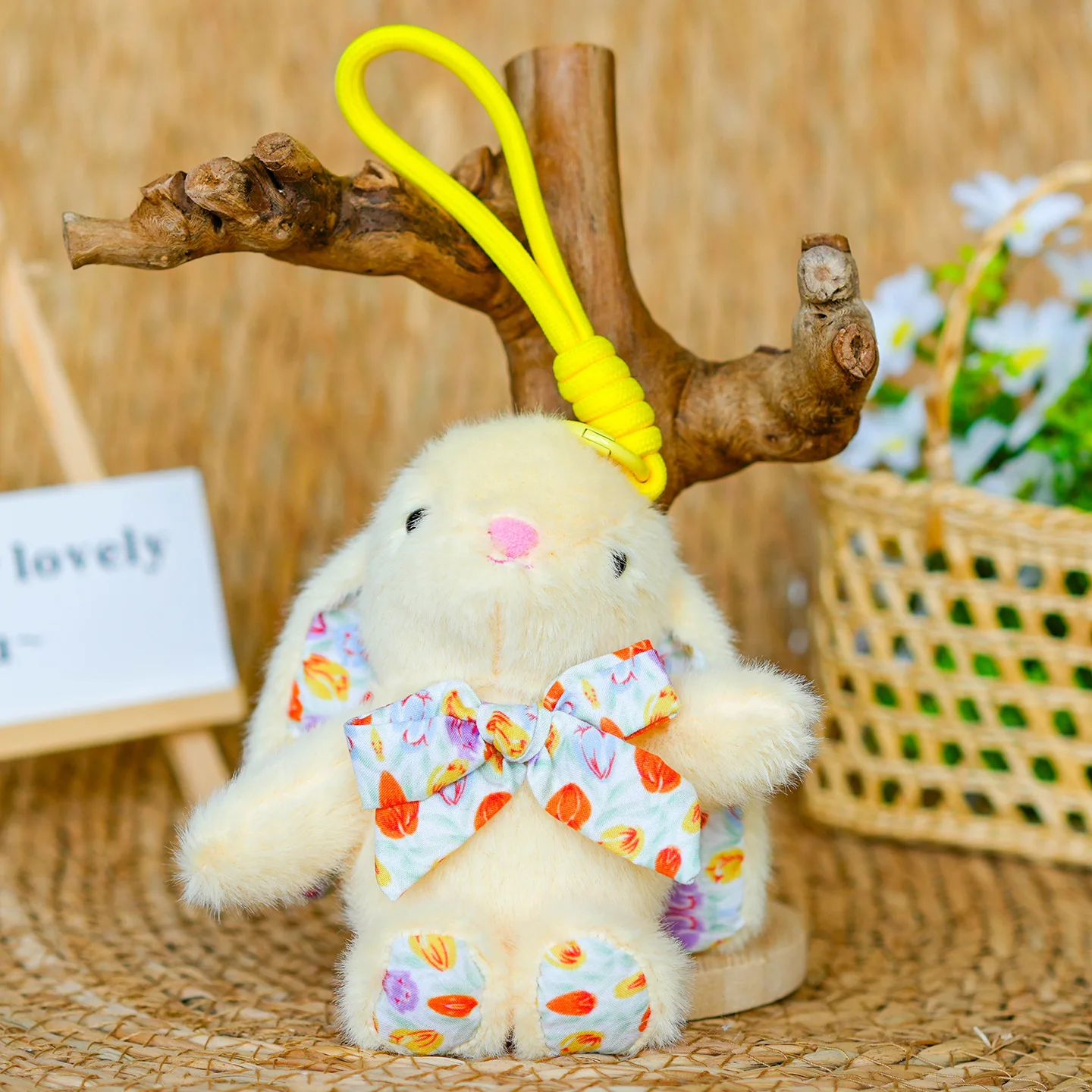 Chaveiro de Pelúcia de Coelho com Laço de Flor, 12 Cm, Fofo, para Bolsa. MDUG