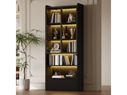 Vitrine Alta 180cm Led Preta 1 Gaveta Portas Vidro Divisória Aberta Sala ZACHARY