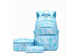 Mochila Estrelas Azul Degradê Com Fecho Coração | Conjunto 3 Peças Ergonómico Impermeável Para Meninas