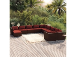 Vidaxl 11 Pcs Conjunto Lounge Jardim C/ Almofadões Vime Pe Castanho
