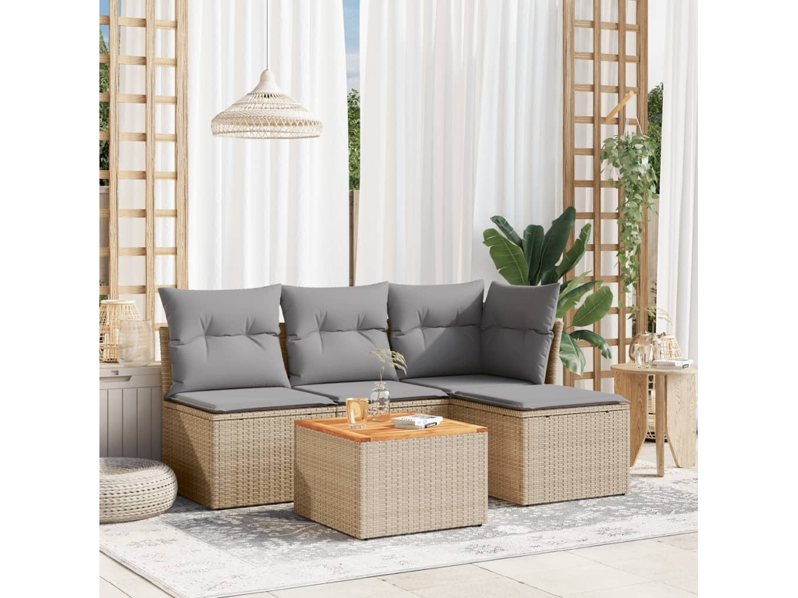 Vidaxl 5 Pcs Conjunto De Sofás P/ Jardim Com Almofadões Vime Pe Bege