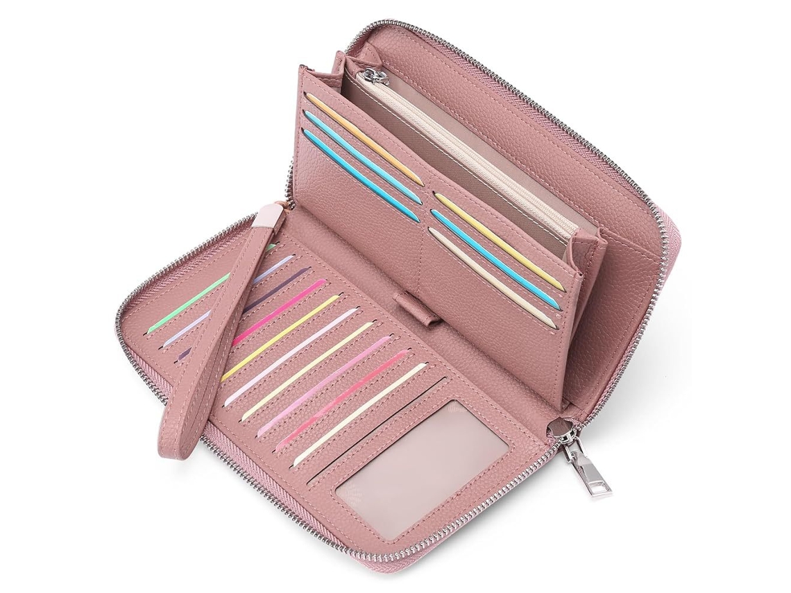 Bolsa De Cartão Em Pu Com Grande Capacidade, Longa, 16 Bolsos Para Cartão, Cor De Rosa Carne