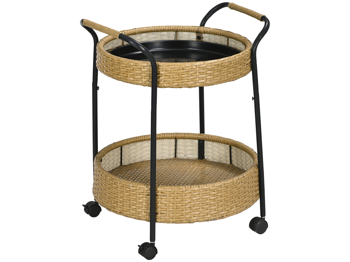 Carrinho De Servir Para Exterior, 2 Prateleiras, Freios, Polirratã, Estrutura Metálica, Φ50 X 66a Cm, Amarelo