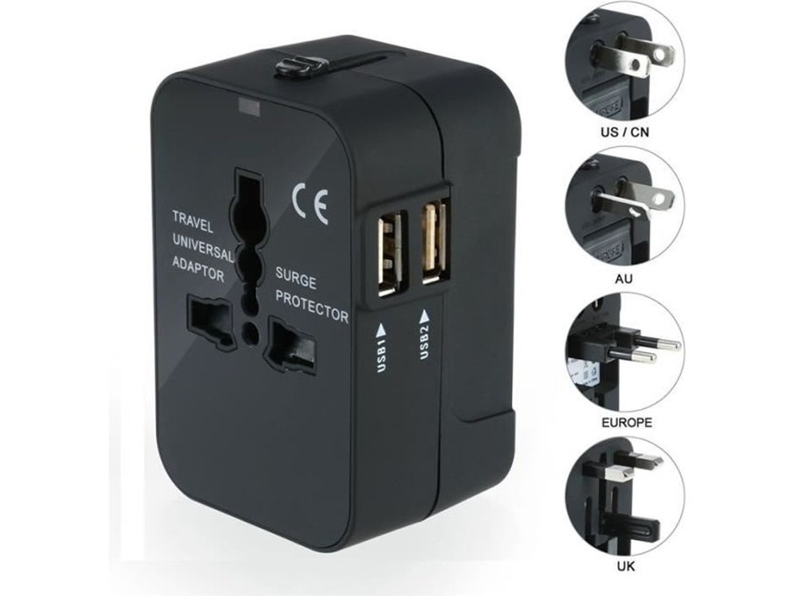Adaptador De Viagem Universal, Compatível Com Eua, Ue, Reino Unido E Austrália, Com 2 Portas Usb Para Câmeras, Celulares, Tablets E Ipads, Preto