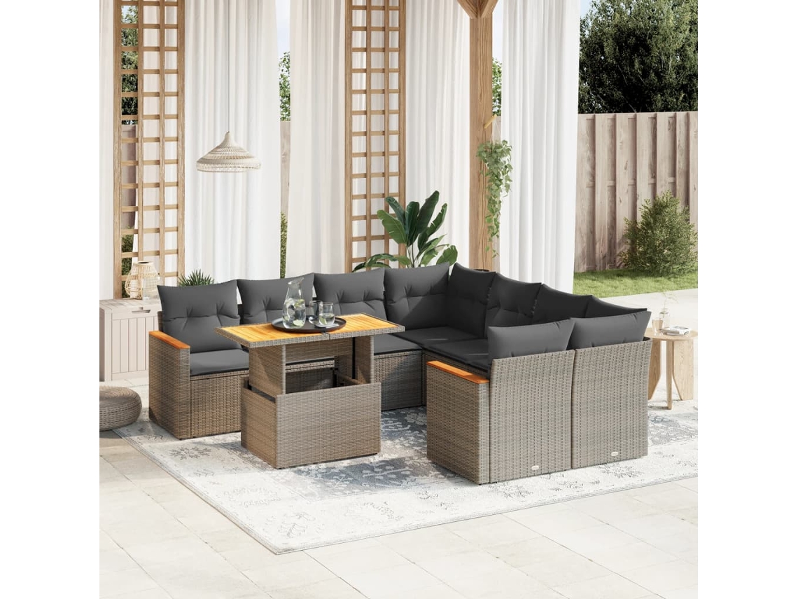 Jogo 9 Peças Sofás P/ Jardin Com Almofadões Vime Pe Cinza Dkd Home Decor