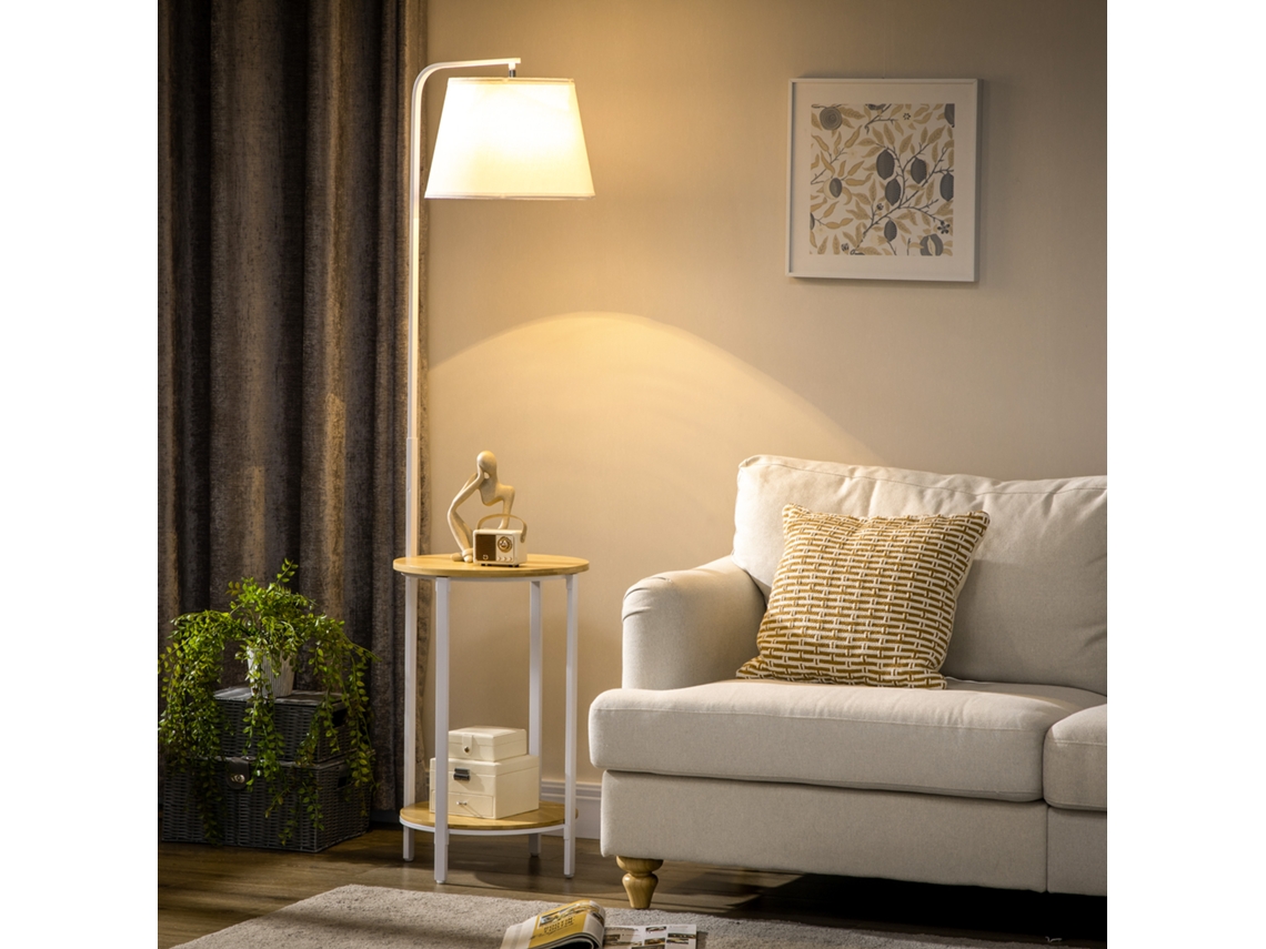 Luminária De Pé 162cm 40w, 2 Prateleiras, Abajur Claro Metal Branco, Decoração Sala E Quarto