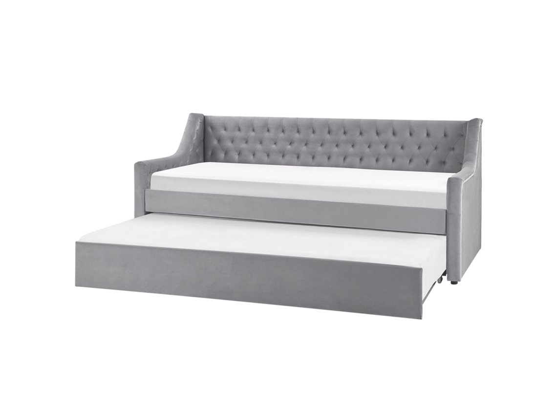 Cama De Hóspedes Estofada Capitoné Em Veludo Beliani Montargis De Veludo Cinzento Claro 90x200