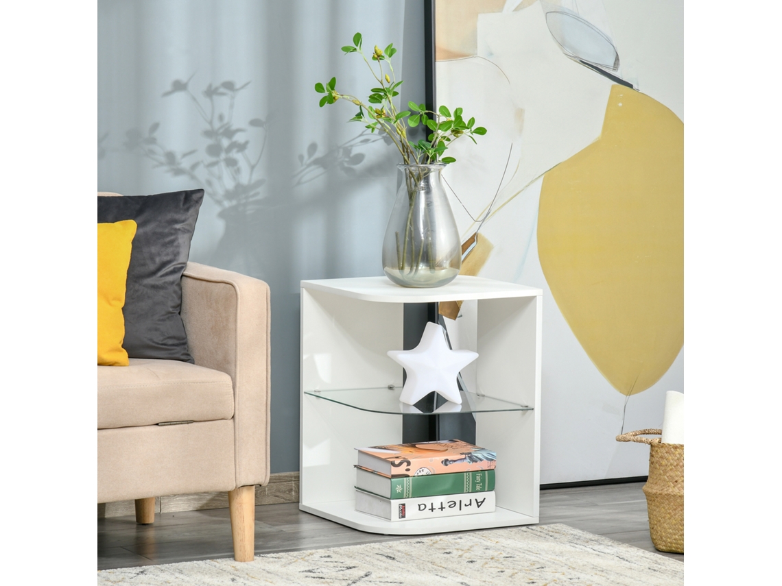 Mesa Auxiliar Moderna De Cabeceira Com 3 Prateleiras 1 De Vidro Para Sala De Estar Dormitório 40x40x56cm Branco